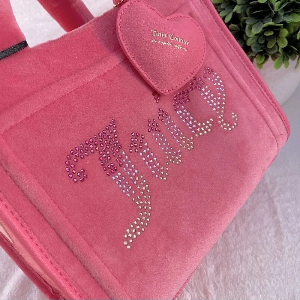 NEW Juicy Couture Pink‎ Velour Rhinestone Logo Tote Crossbody Bag NWT